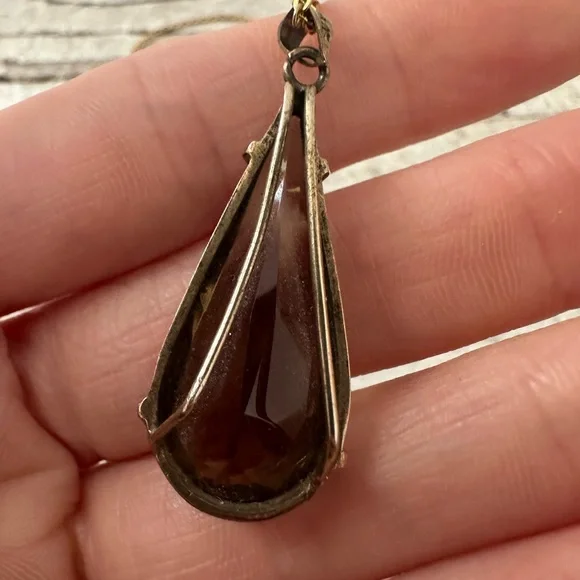 Vintage Sterling Modernist Smokey Quartz Pendant With Gold Tone Chain